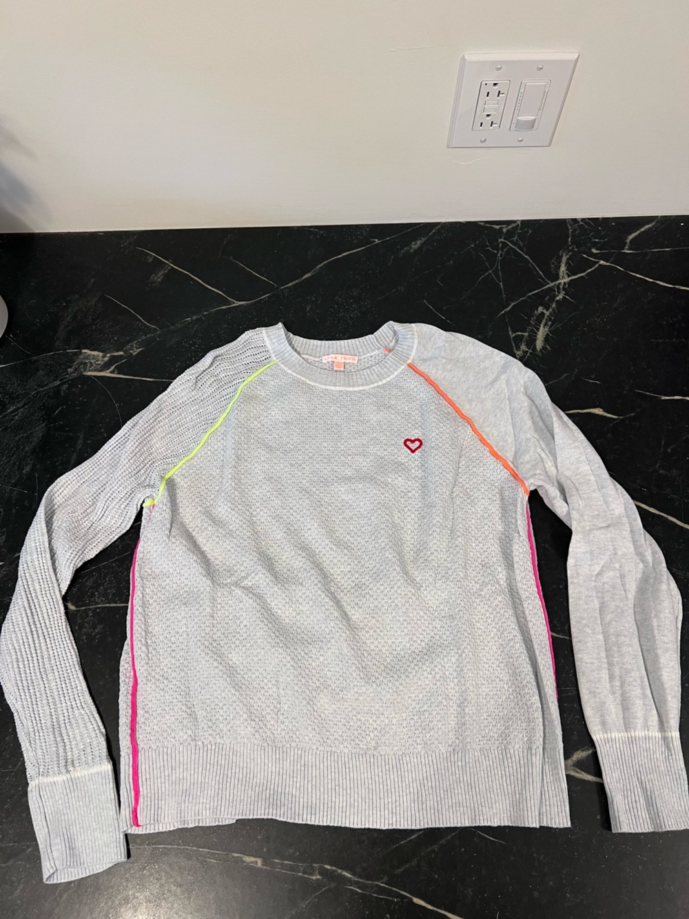 Lisa Todd Light Gray Sweater with Neon Trim and Red Heart